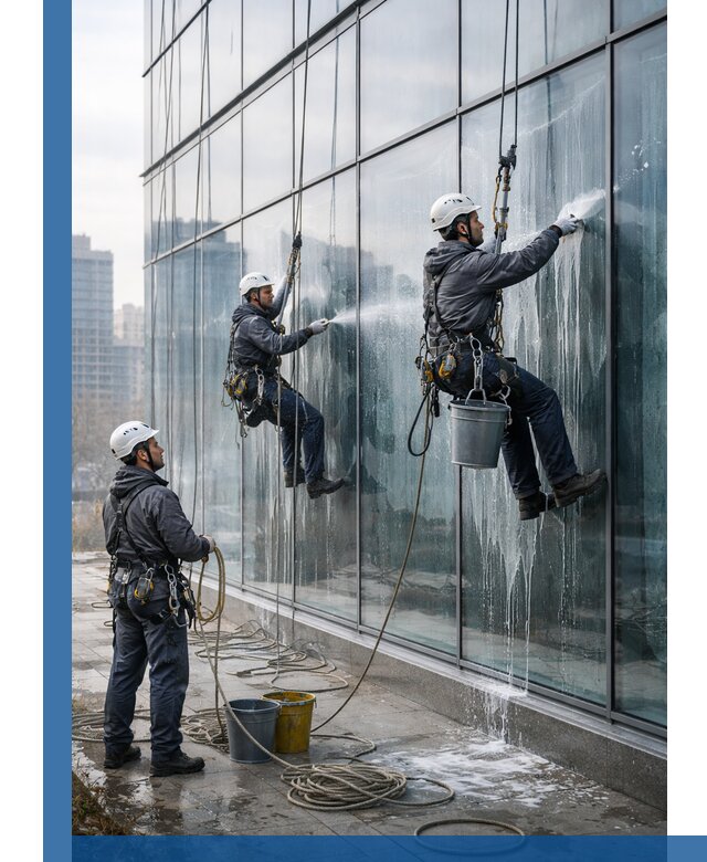 Промышленная мойка панорамных окон на высоте в Санкте-Петербурге