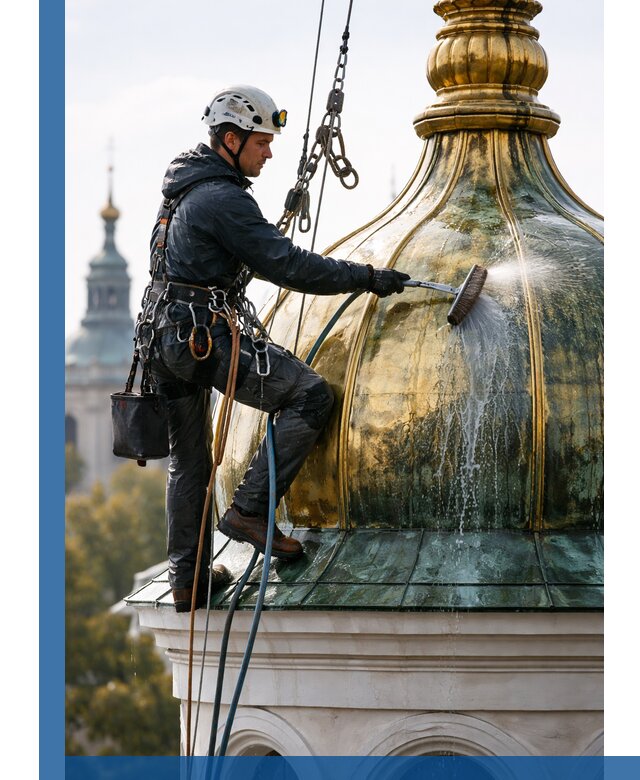 Профессиональная мойка куполов и шпилей высотными альпинистами в Санкте-Петербурге