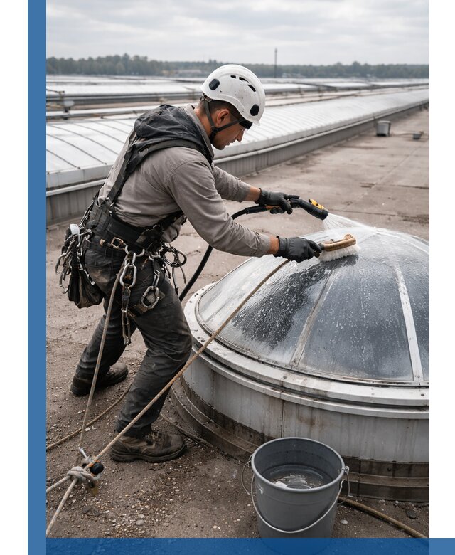 Мойка зенитных фонарей на кровле для промышленных объектов в Санкте-Петербурге