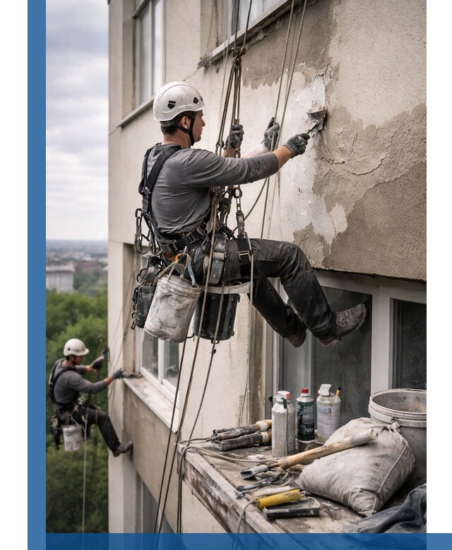 Косметический ремонт фасада зданий в Санкте-Петербурге промышленными альпинистами
