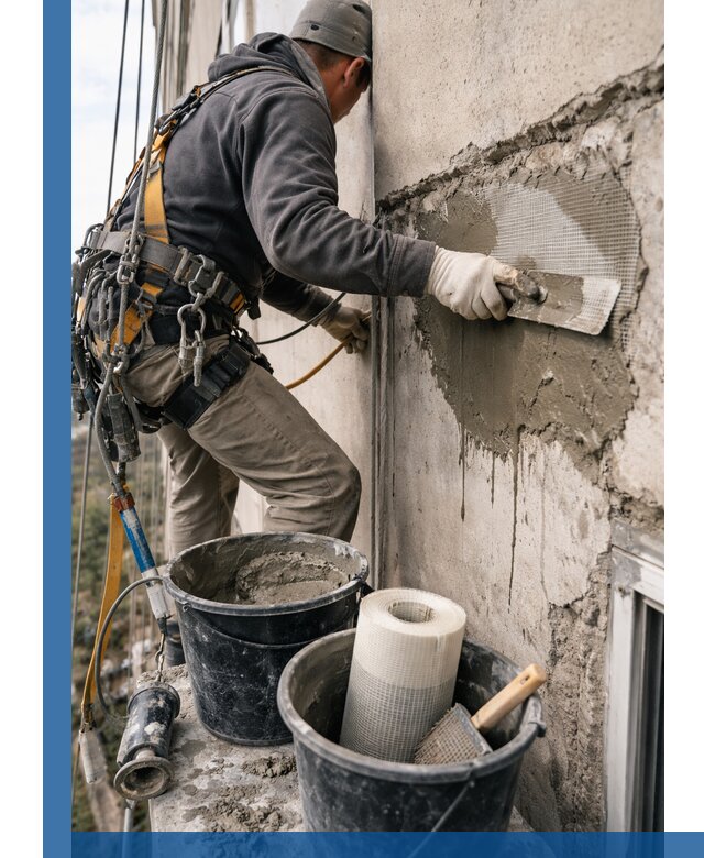 Ремонт бетонных элементов фасада промышленными альпинистами в Санкте-Петербурге