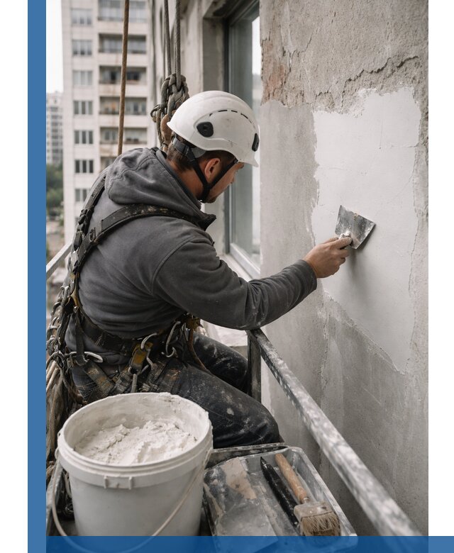 Шпаклевка фасадов на высоте с промальпинистами в Санкте-Петербурге