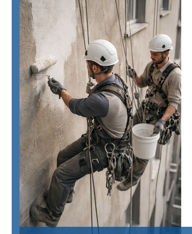 Грунтовка фасада на высоте в Санкте-Петербурге промышленными альпинистами