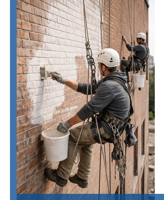 Покраска кирпичного фасада с доступным альпинистским сервисом в Санкте-Петербурге