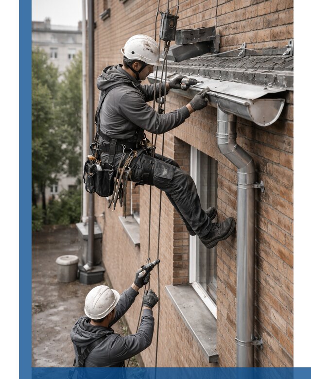 Монтаж водосточной системы на здании в Санкте-Петербурге под ключ