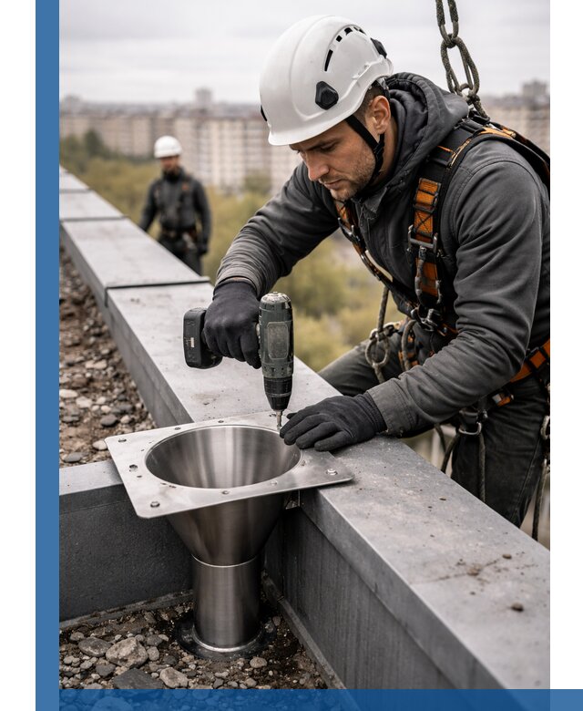 Монтаж водосточных воронок в Санкте-Петербурге для промышленных зданий