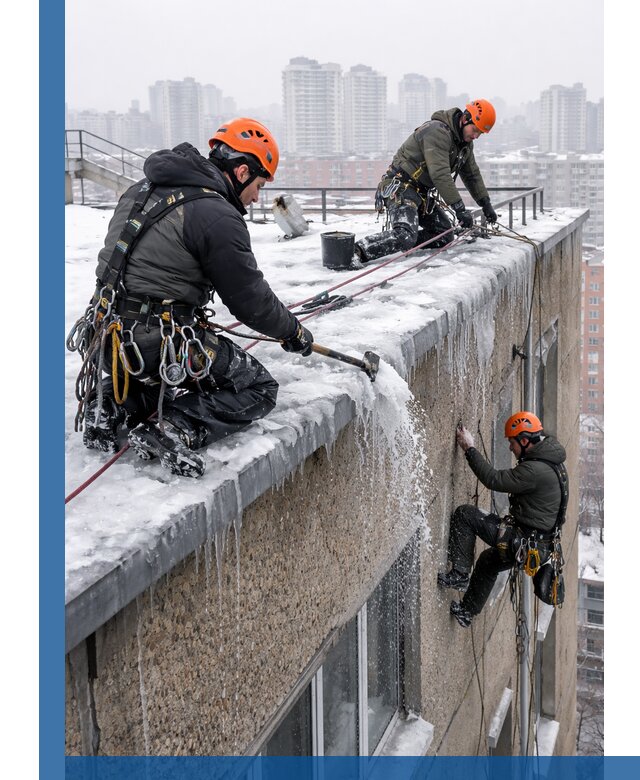 Удаление наледи с кровли в Санкте-Петербурге промышленными альпинистами