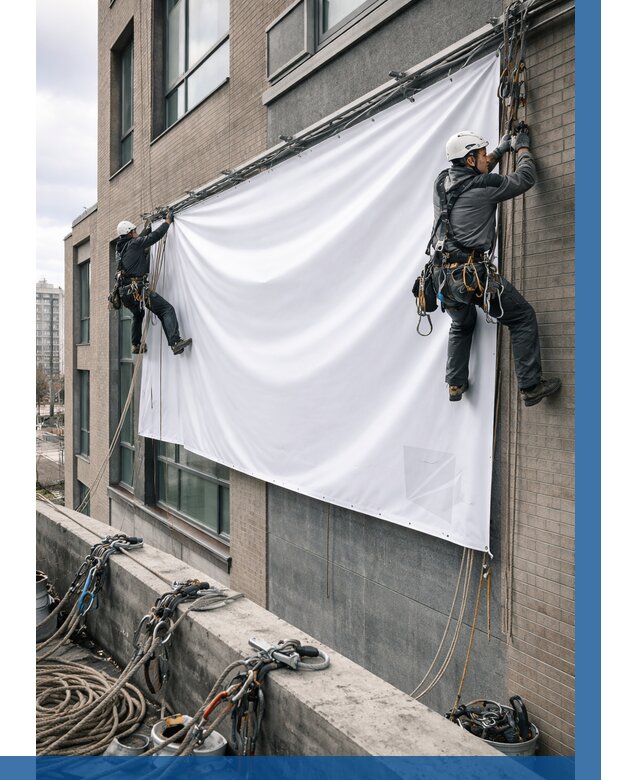 Монтаж баннеров на фасаде в Санкте-Петербурге от 691 р. заказать ВЫСОТНИК-Снк