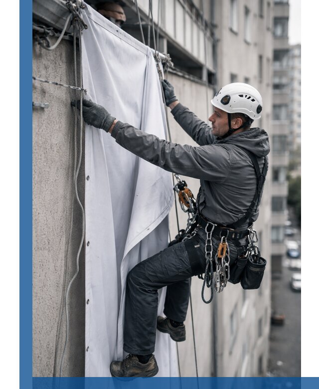 Замена баннерного полотна промышленными альпинистами в Санкте-Петербурге