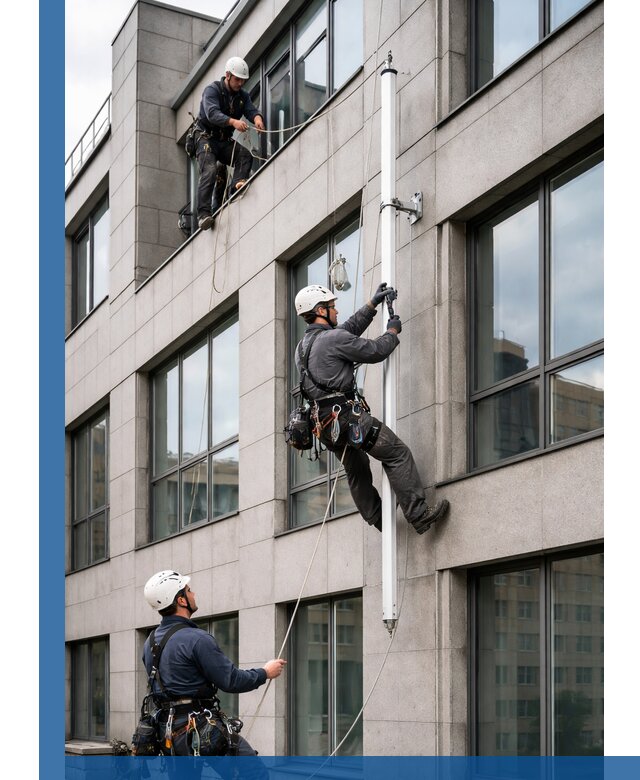Монтаж флагштока на фасаде здания с креплением и герметикой в Санкте-Петербурге