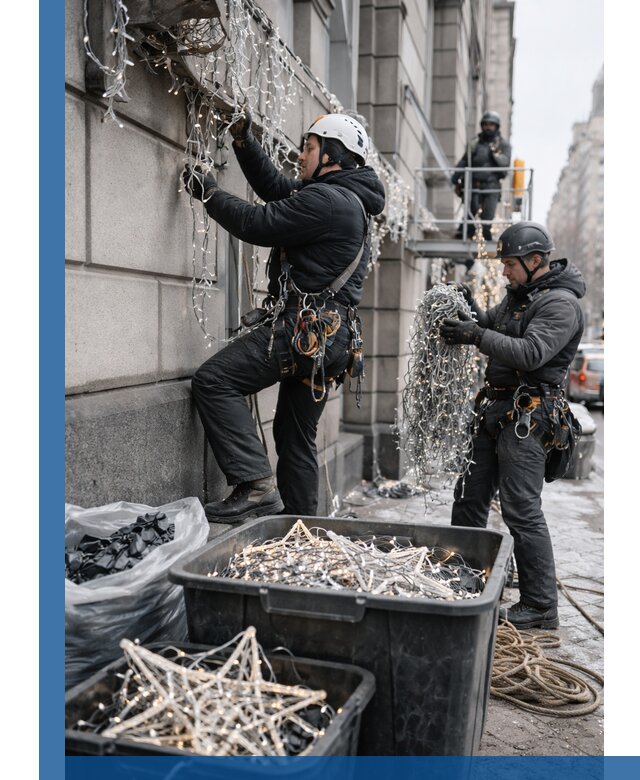 Демонтаж новогоднего оформления и гирлянд в Санкте-Петербурге