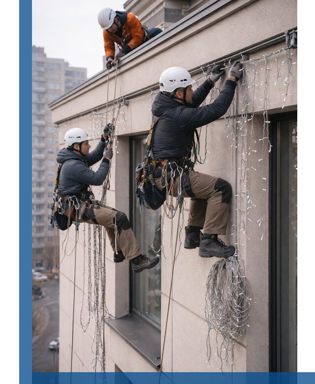 Монтаж праздничных гирлянд на фасаде в Санкте-Петербурге для зданий