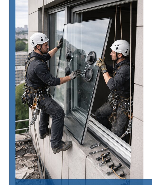 Замена стеклопакетов на высоте с промышленными альпинистами в Санкте-Петербурге