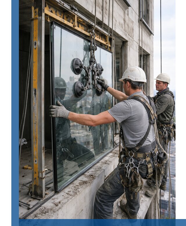 Монтаж стеклопакетов на высоте в Санкте-Петербурге с промышленным альпинизмом