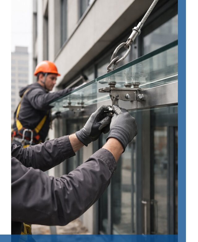 Монтаж стеклянных козырьков в Санкте-Петербурге от 9034 р. | ВЫСОТНИК-Снк