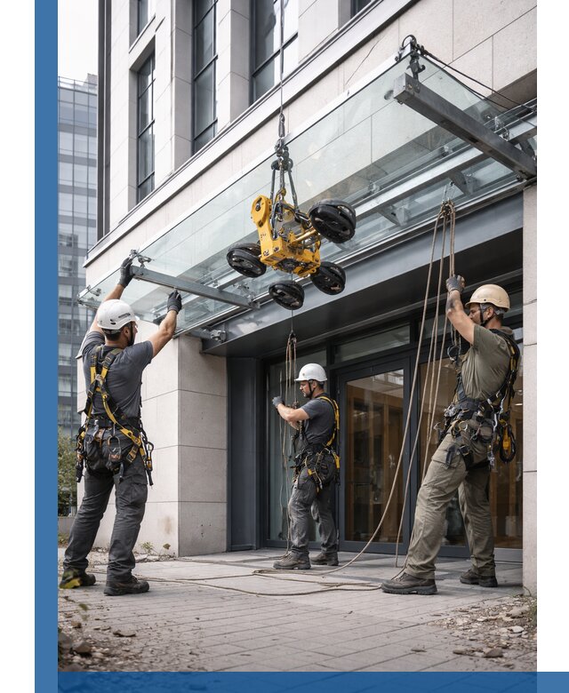 Монтаж стеклянных козырьков под ключ в Санкте-Петербурге для зданий