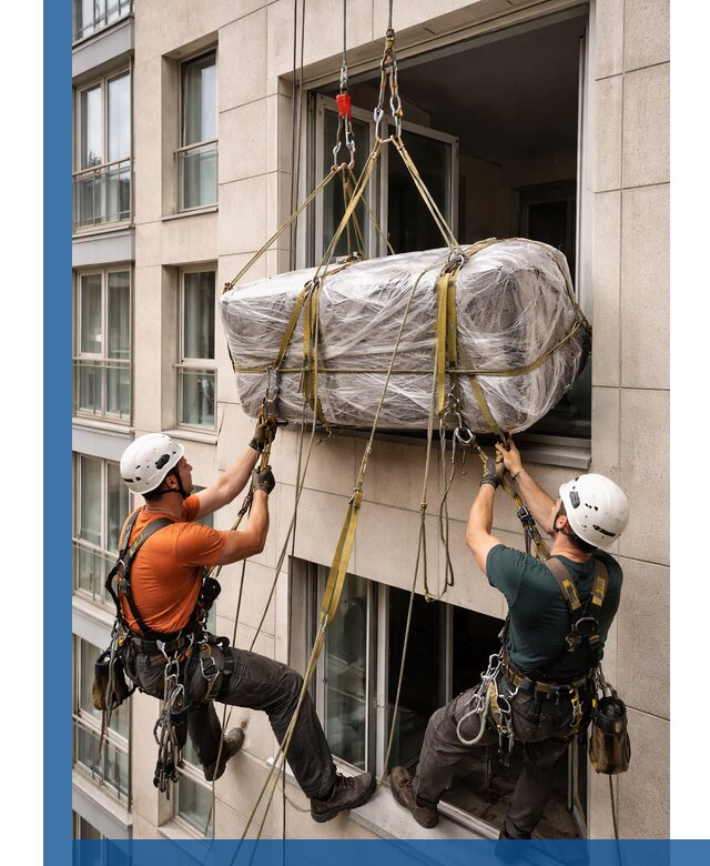 Подъем грузов через окно в Санкте-Петербурге промышленными альпинистами