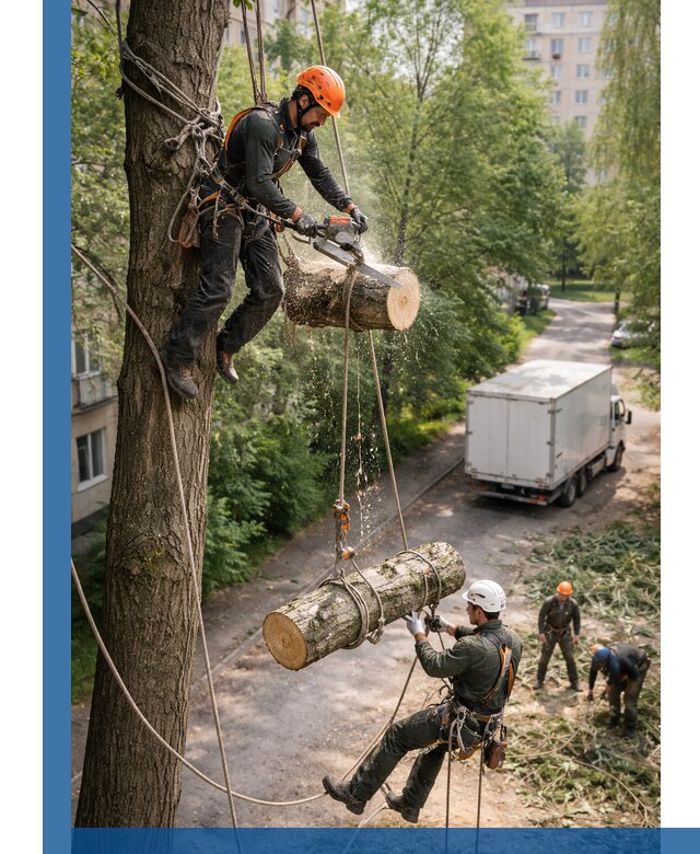 Спил деревьев альпинистами в Санкте-Петербурге, безопасно и без повреждений