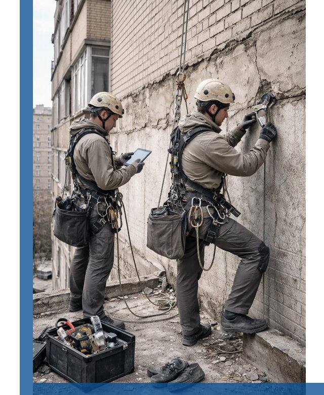 Обследование фасада промышленными альпинистами в Санкте-Петербурге